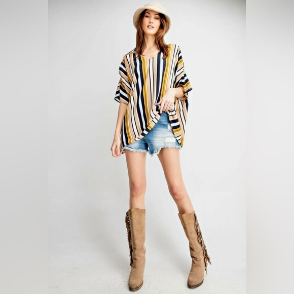 Brand New EASEL Cold Shoulder Multi Color Stripe Poncho Top Size SMALL - Picture 2 of 5